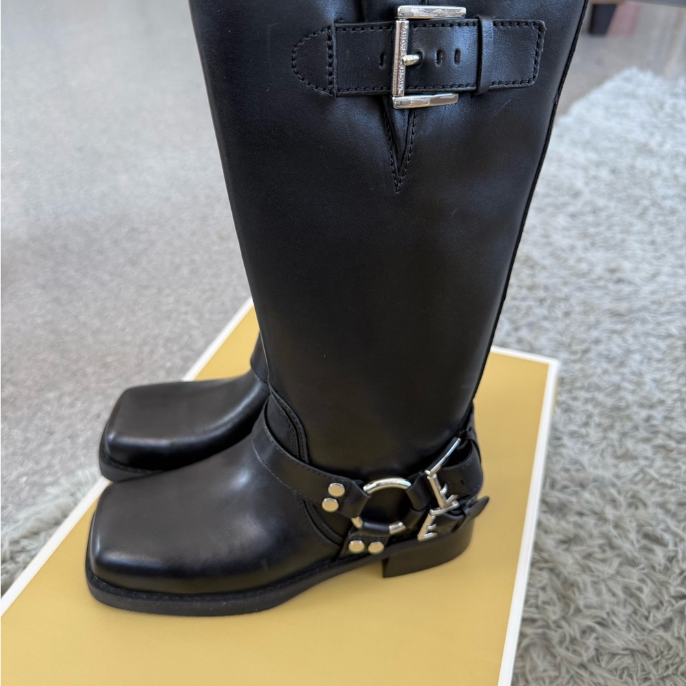 Michael Kors Black Leather Heeled Riding Boots with Silver Hardware